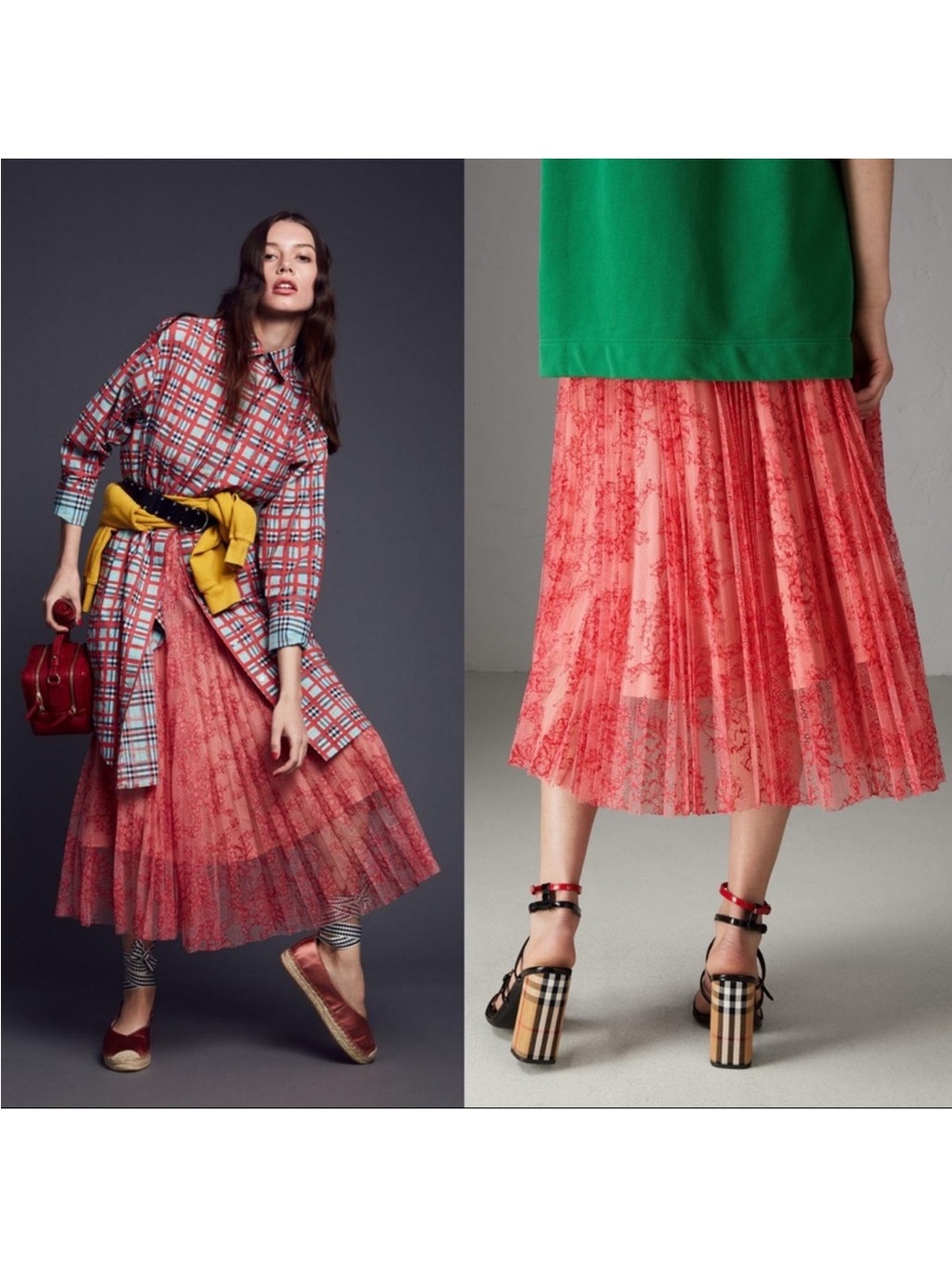 Burberry Coral Lace Pleated Midi Skirt